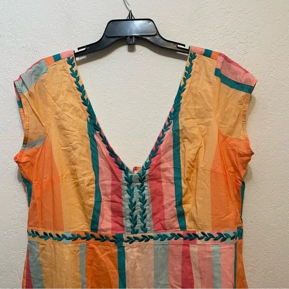 eshakti Plus Size 2X Leaf Embroidery Stripe Print Cotton Voile A-Line Dress - Picture 2 of 8